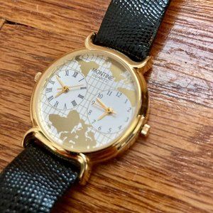 Montine Black Leather Watch with Map Face